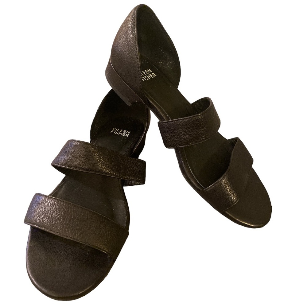 Eileen Fisher Black Leather Slip On Sandals Size 7.5